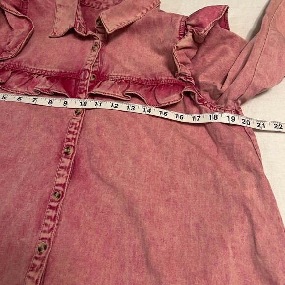 Free People Women's Top Button Front Pink Denim Ruffle Long Sleeve Size Small - Picture 8 of 10